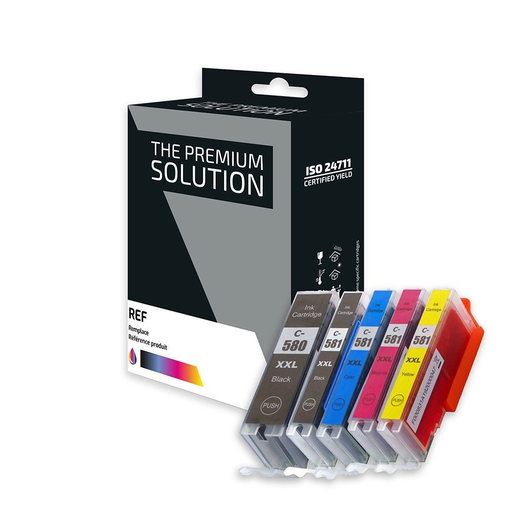 Canon C580/581XXL Pack x 5 compatible avec PGI580PGBKXXL, CLI581XXL - Noir Cyan Magenta Jaune Photo